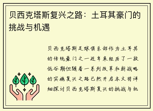 贝西克塔斯复兴之路：土耳其豪门的挑战与机遇