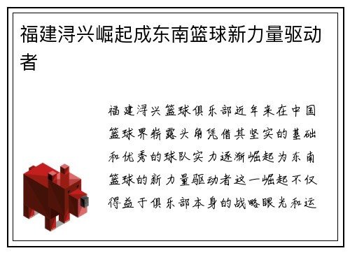 福建浔兴崛起成东南篮球新力量驱动者