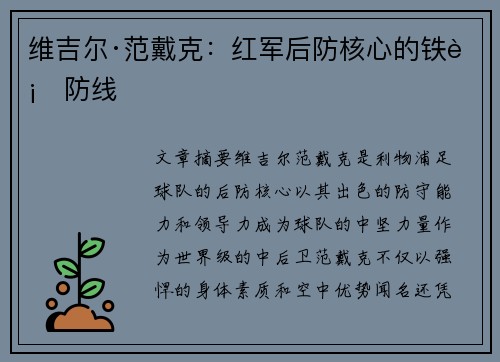 维吉尔·范戴克：红军后防核心的铁血防线