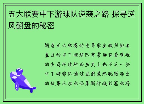 五大联赛中下游球队逆袭之路 探寻逆风翻盘的秘密